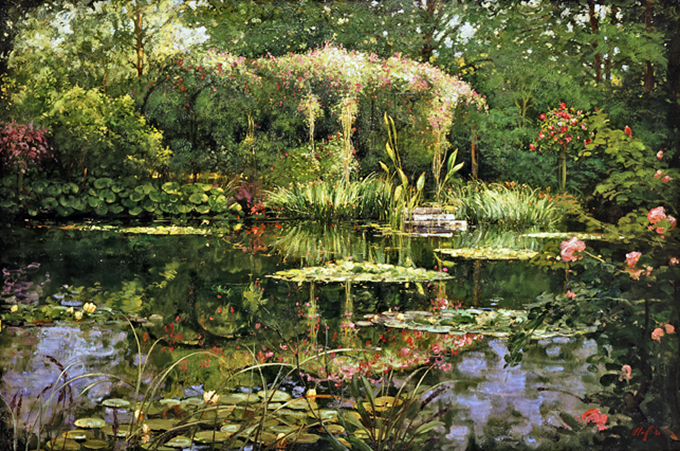 Rose Arbor and Pond, oil on canvas 48inX72in