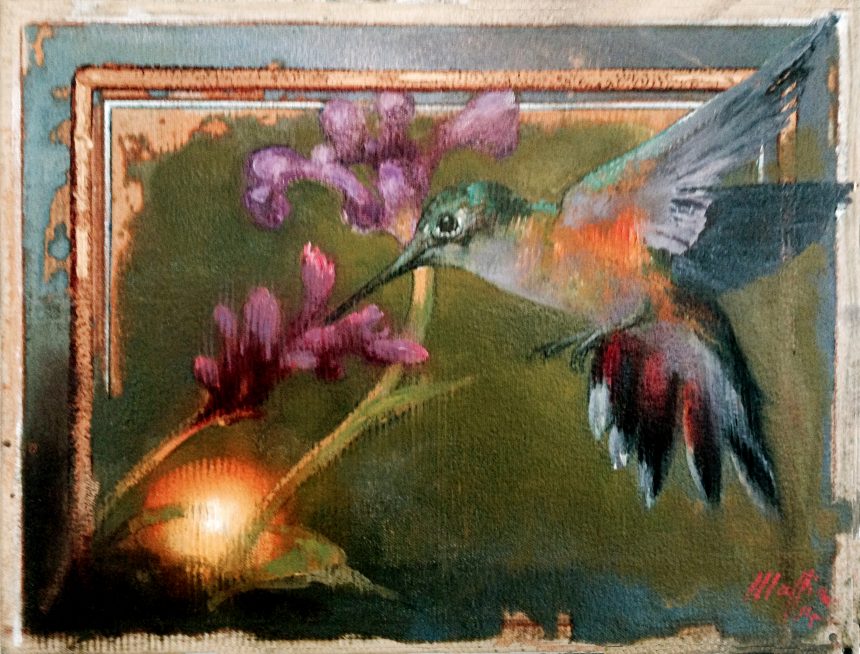 Hummingbird Purple Freesia, oil on canvas 12inX16in N/A